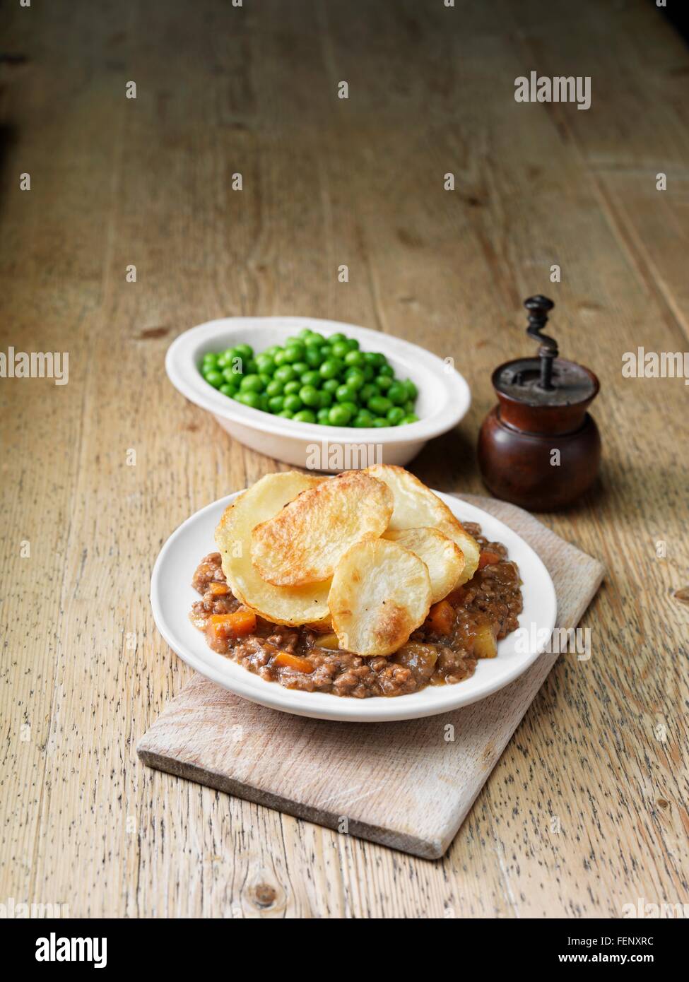 High angle view of minced beef hotpot with peas Stock Photo