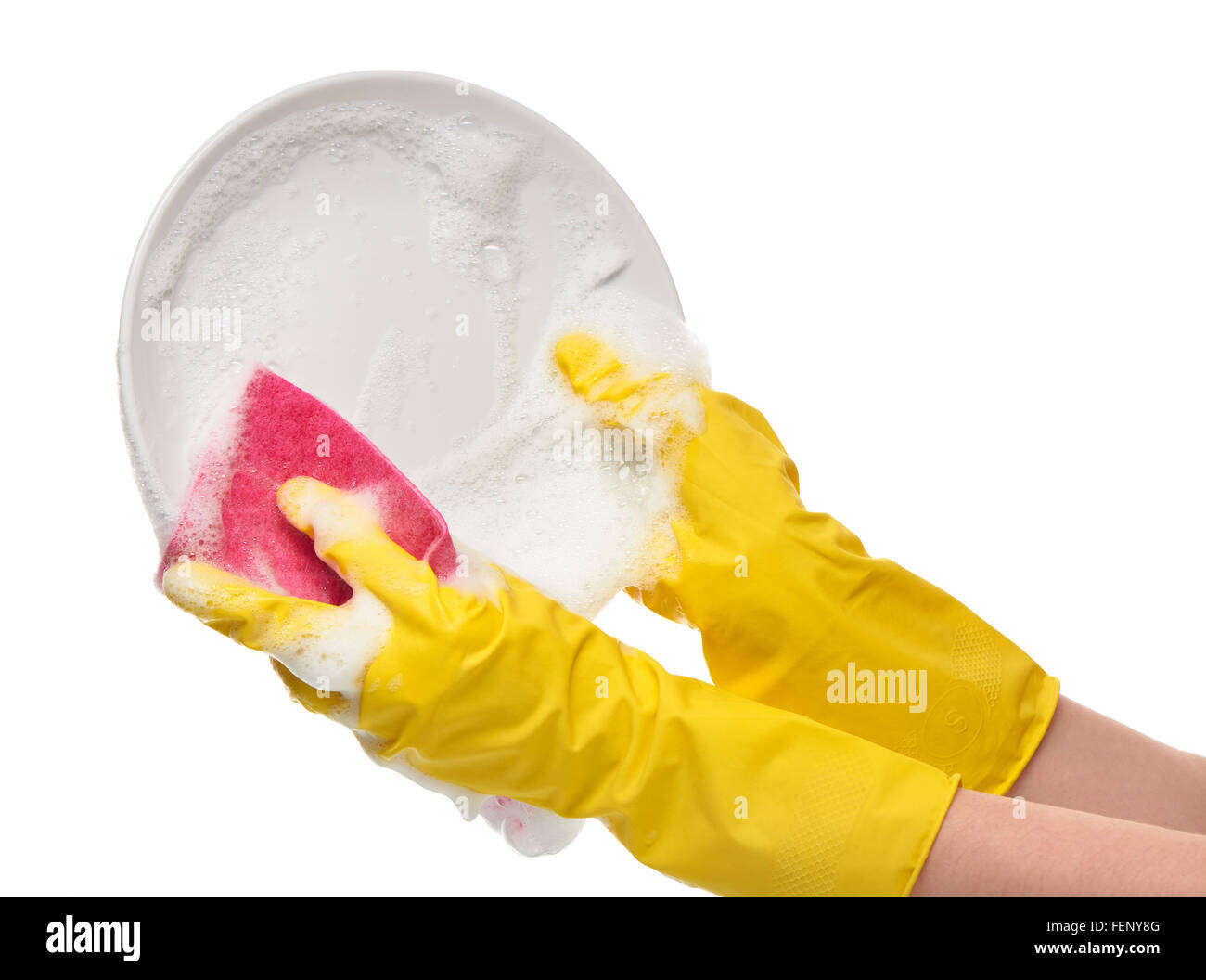 Close up of female hands in yellow protective rubber gloves washing ...