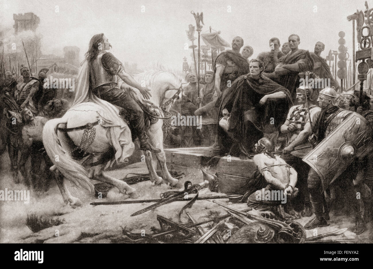 Vercingetorix throws down his arms at the feet of Julius Caesar, 52 BC.  After this he was imprisoned in the Tullianum in Rome for five years, before being publicly displayed in Caesar's triumph in 46 BC. He was executed after the triumph, probably by strangulation in his prison.  Vercingetorix, c. 82 BC – 46 BC.  Chieftain of the Arverni tribe. Stock Photo