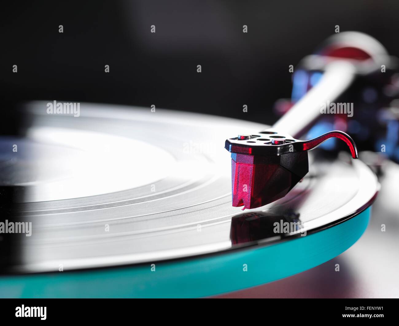 Close up of a vinyl record and stylus on turntable Stock Photo