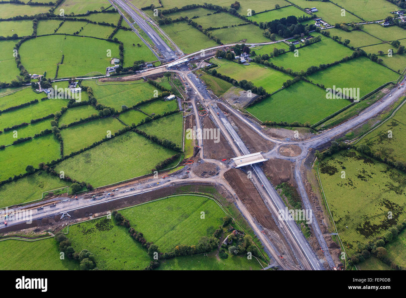 road infrastructure construction, aerial view motorway road junction construction uk Stock Photo