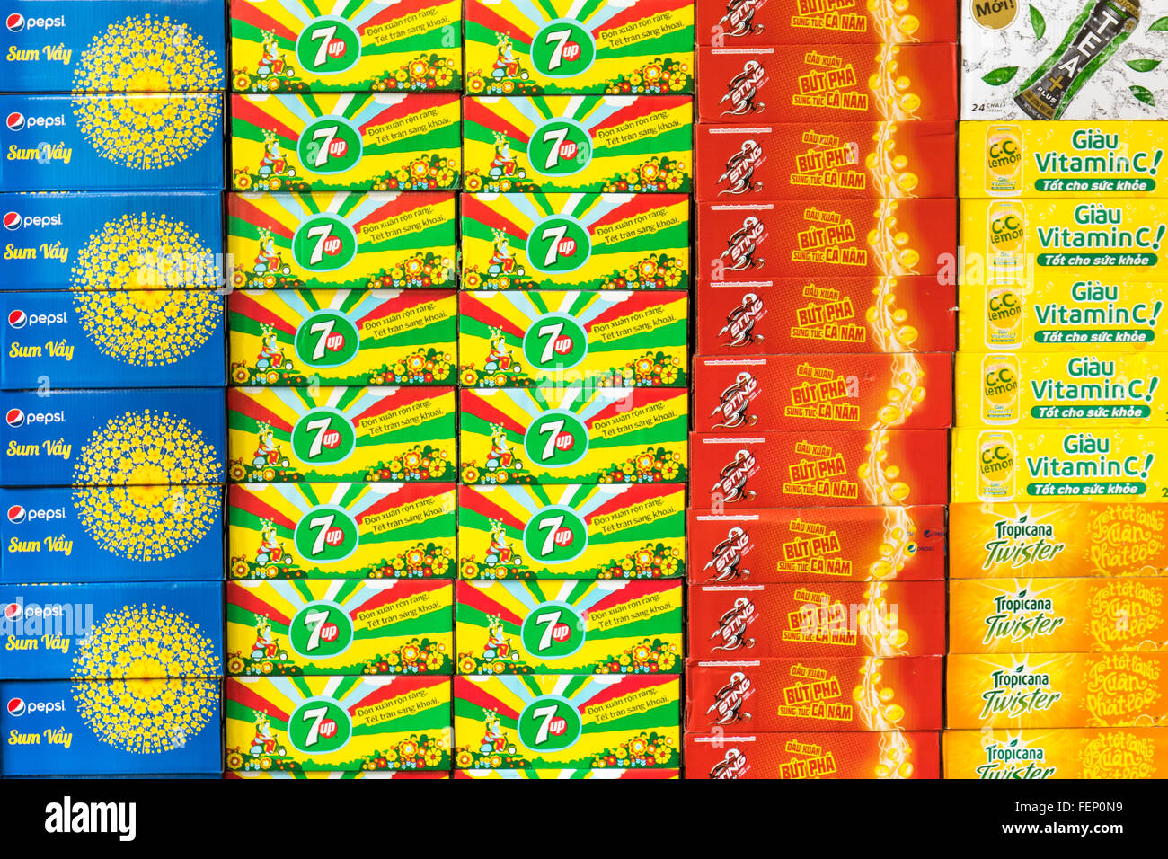 Colourful, canned, soft drink display in Hanoi, Vietnam Stock Photo Alamy