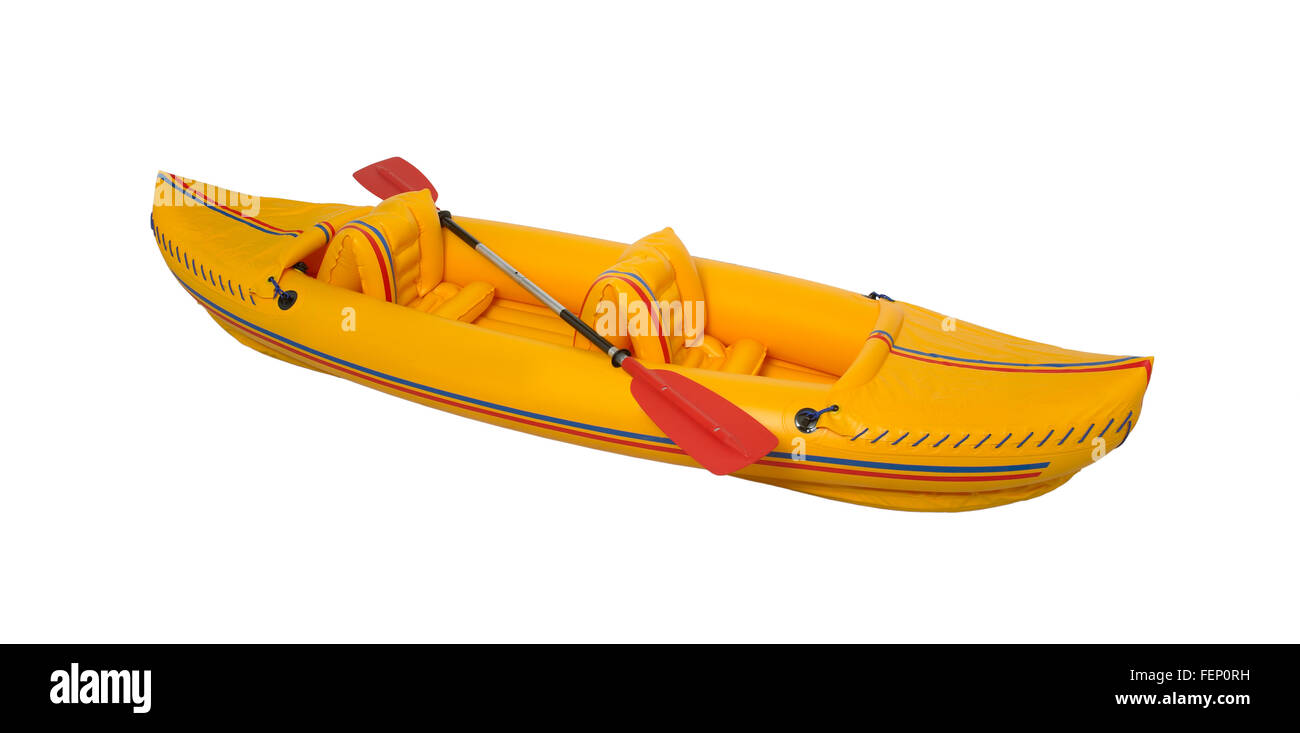 Yellow plastic kayak with paddle isolated on white Stock Photo Alamy