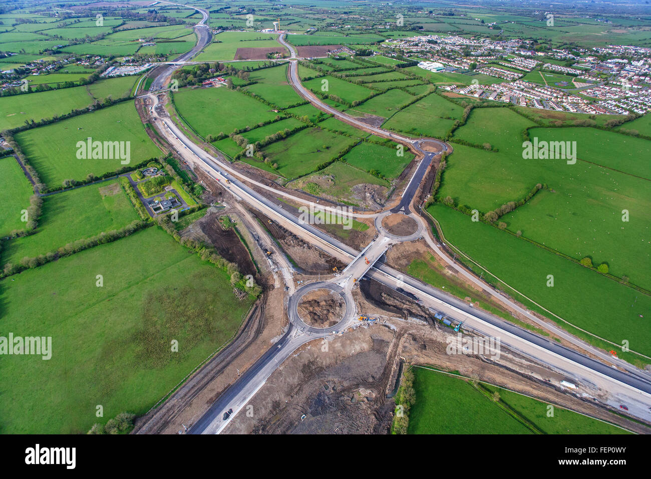 road infrastructure construction, aerial view motorway road junction construction uk Stock Photo
