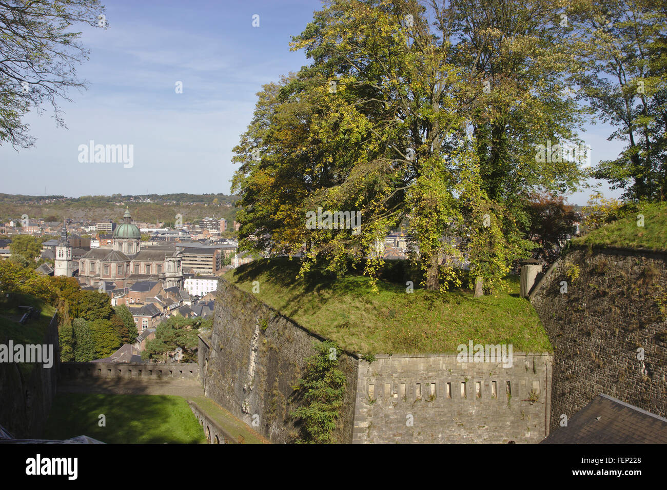 Citadel wall and cathedral, Namur, Belgium Stock Photo