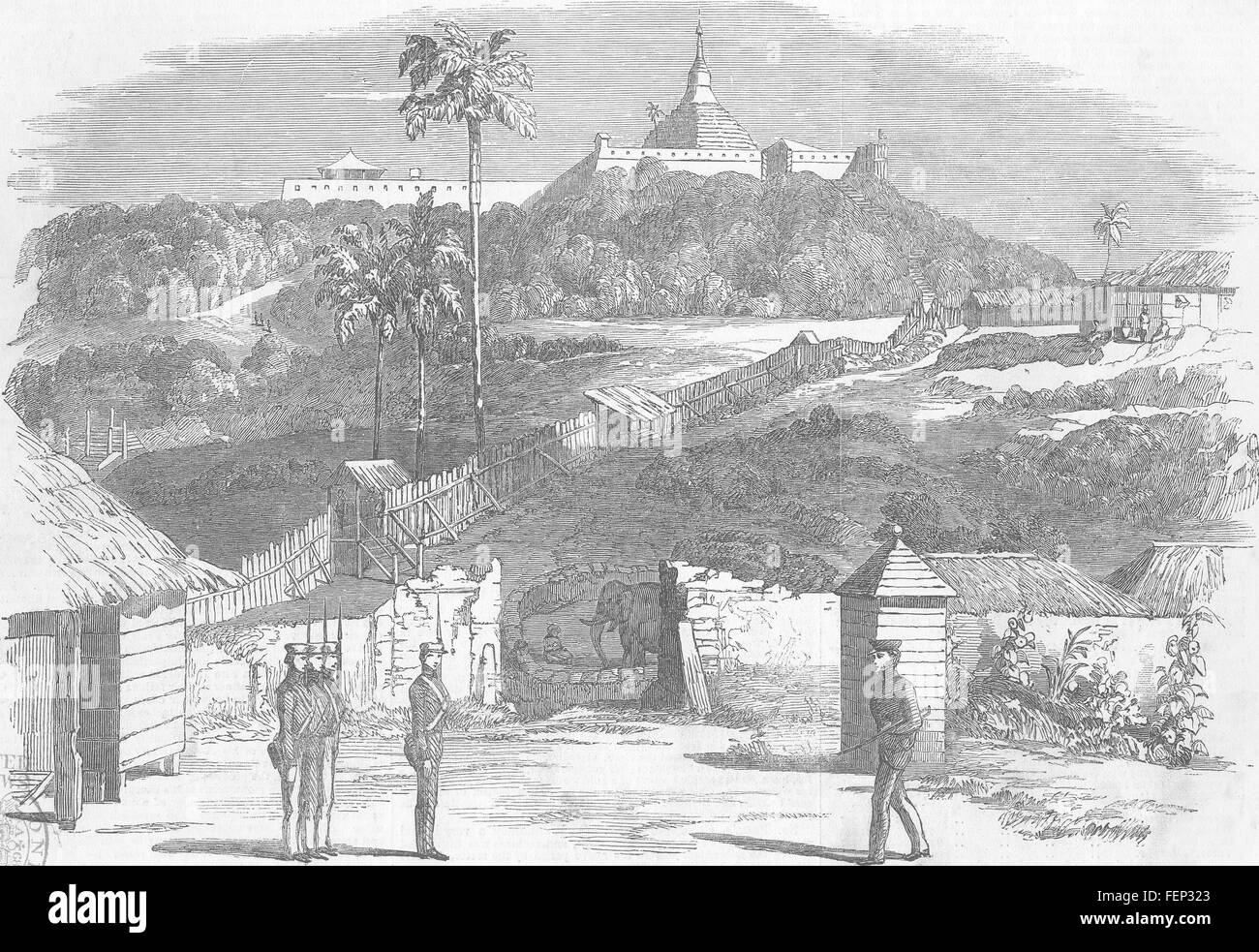 BURMA The Burmese war-Temporary stockade, Mottama 1853. Illustrated London News Stock Photo
