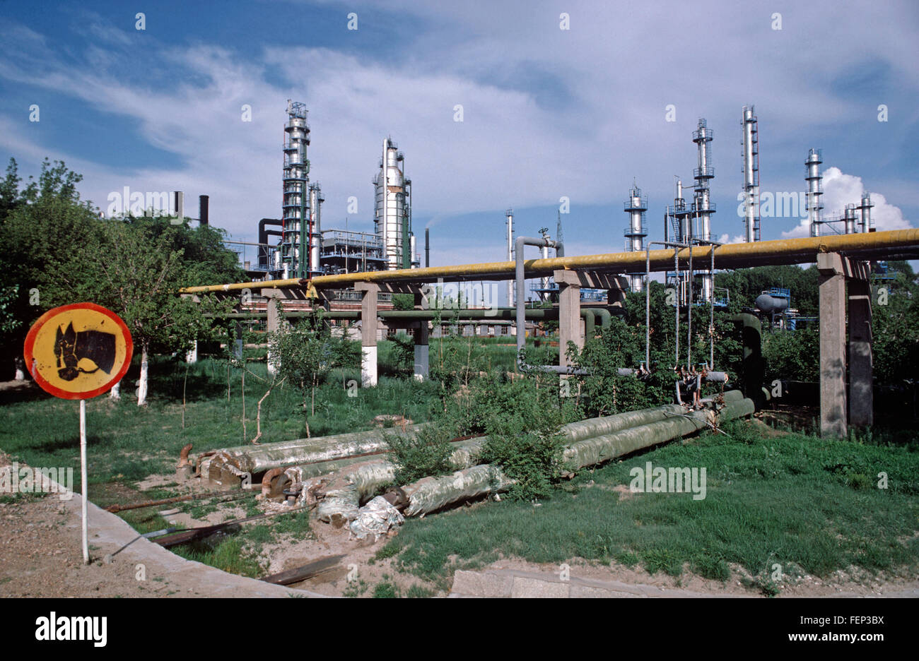 Beware of horses sign in Daqing Petroleum refinery, Heilongjiang Province, China Stock Photo