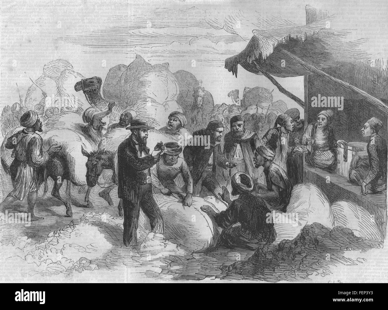 SUEZ CANAL Cotton market at Zigazag. Egypt 1863. Illustrated London News Stock Photo