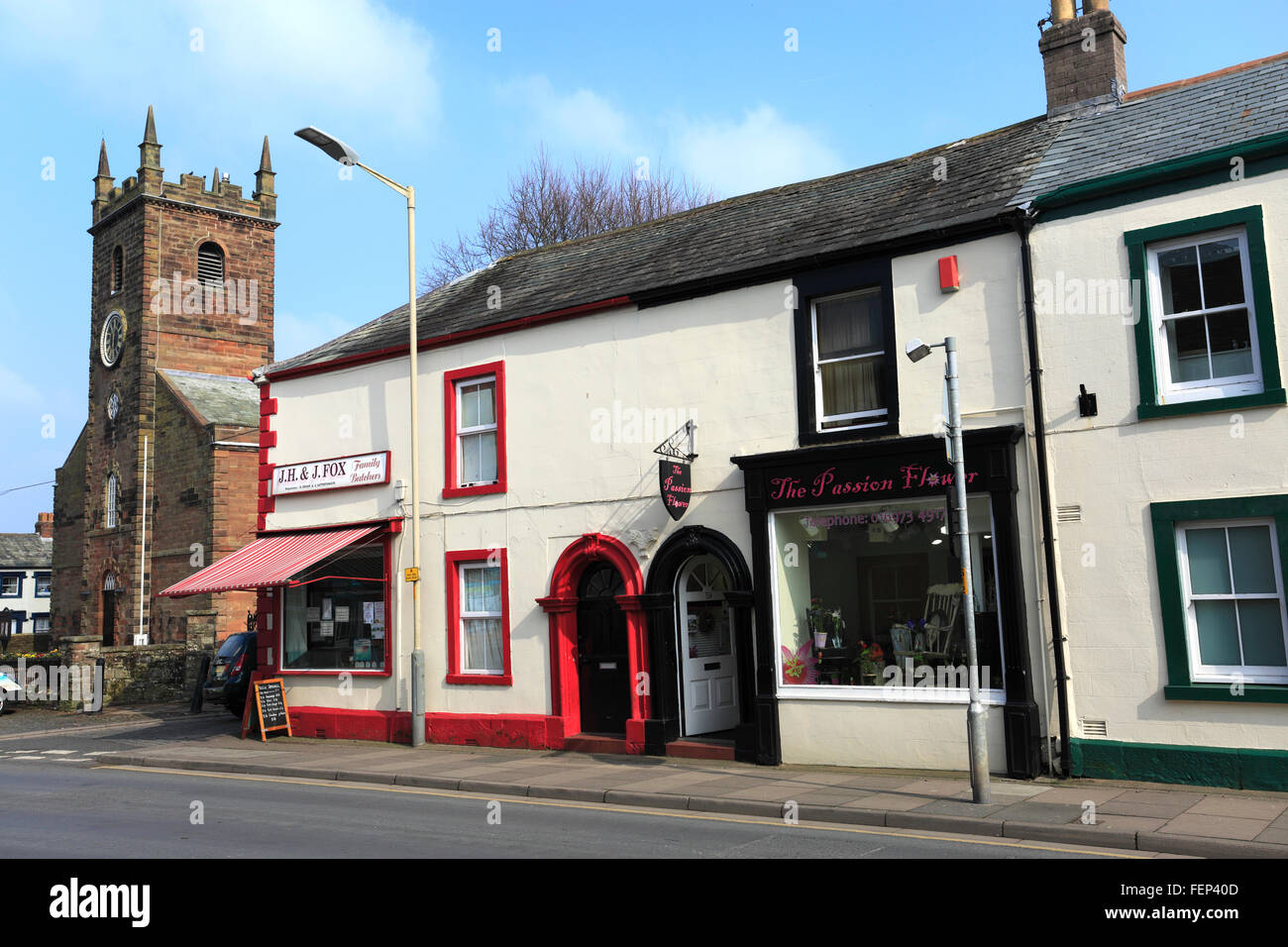View along the High Street of Wigton town, Allerdale, Cumbria county