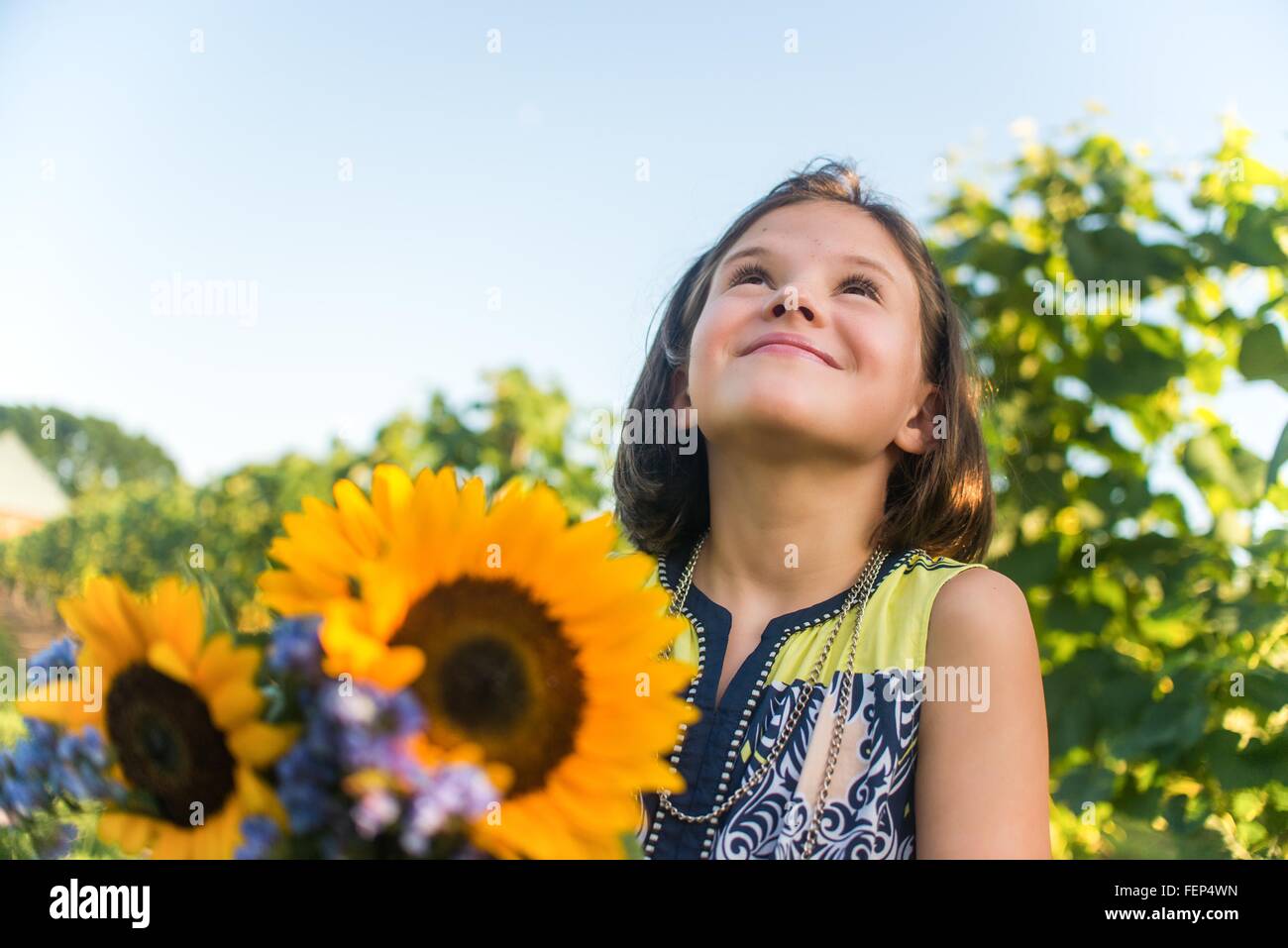 Girl with bunch of flowers in vineyard Stock Photo