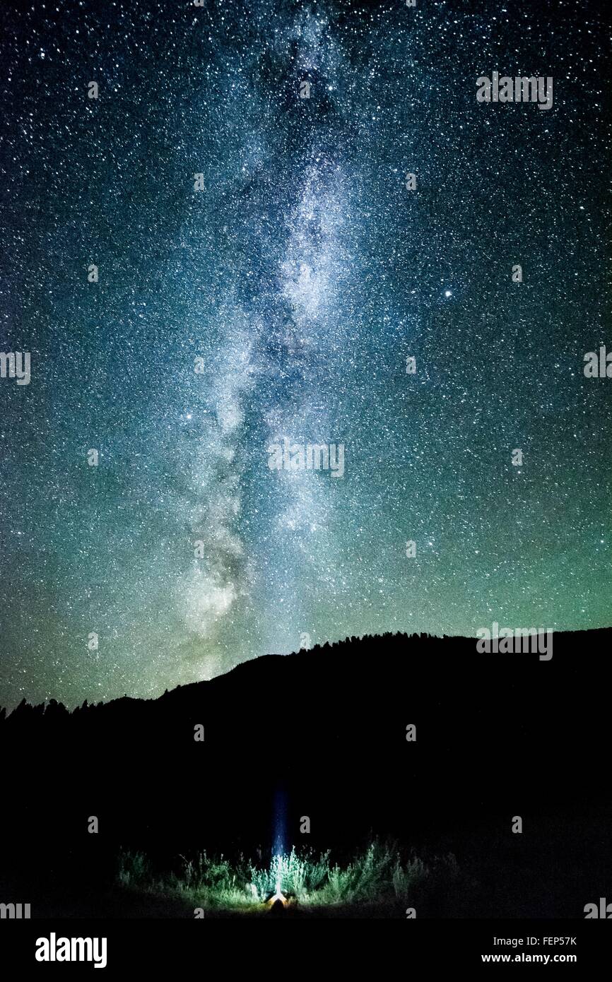 Man looking up at night sky and milky way from mountain forest, Penticton, British Columbia, Canada Stock Photo