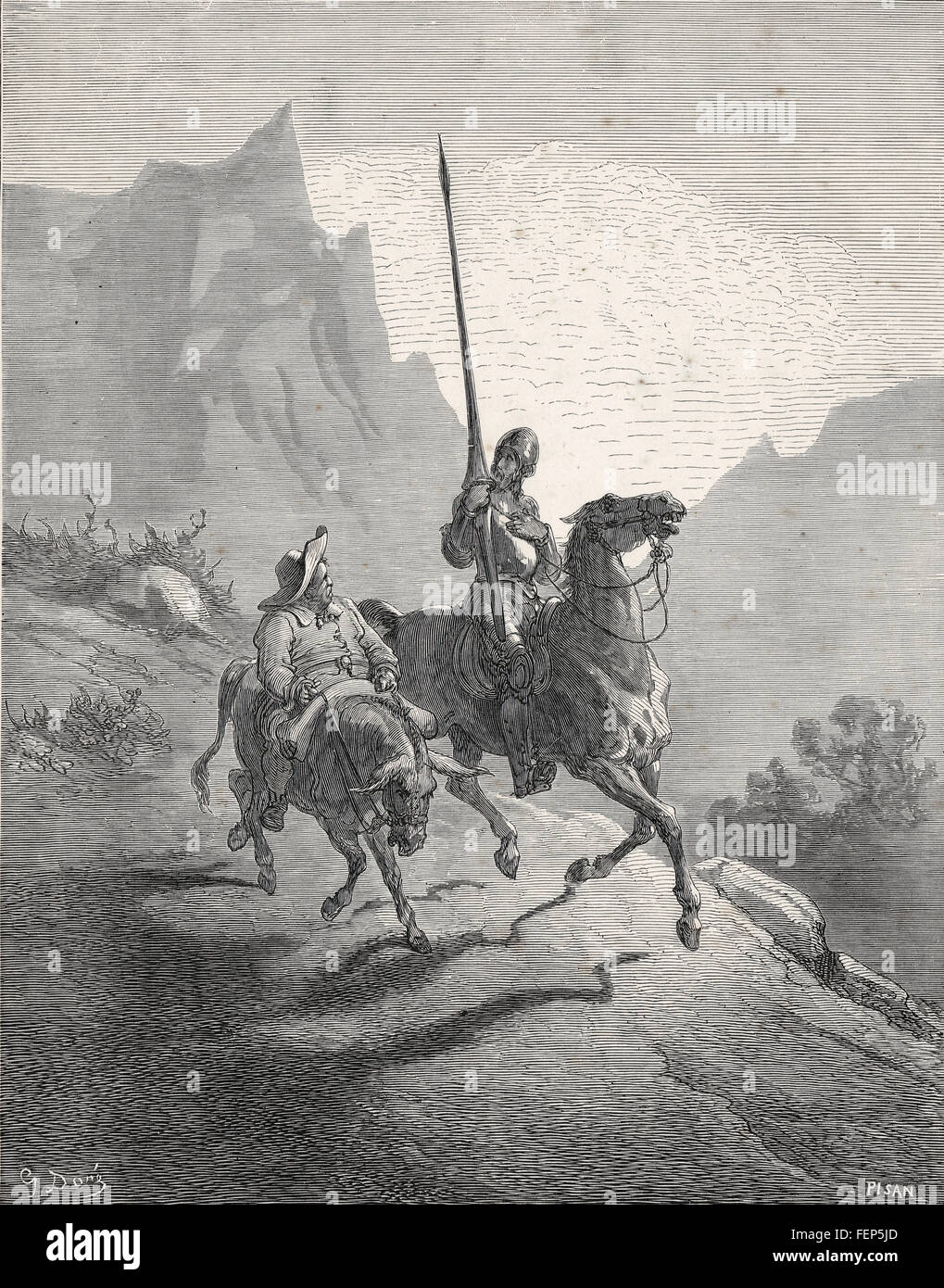 Don Quixote & Sancho Panza early morning by Gustave Dore Stock Photo