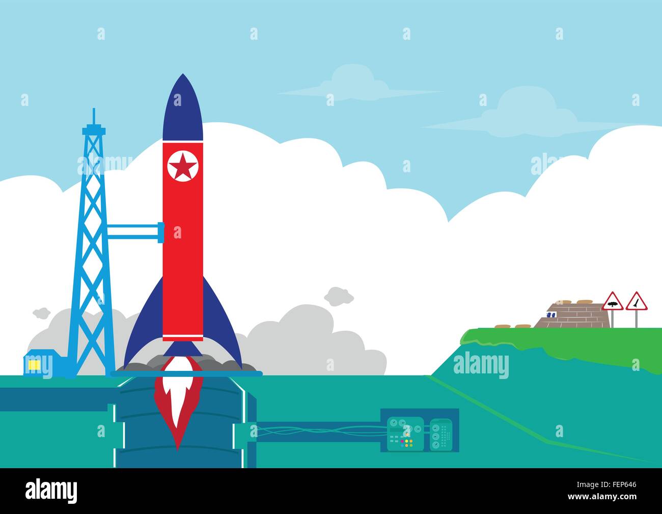 Flat Illustration of a Rocket with Democratic People's Republic of Korea Flag color theme. Stock Vector