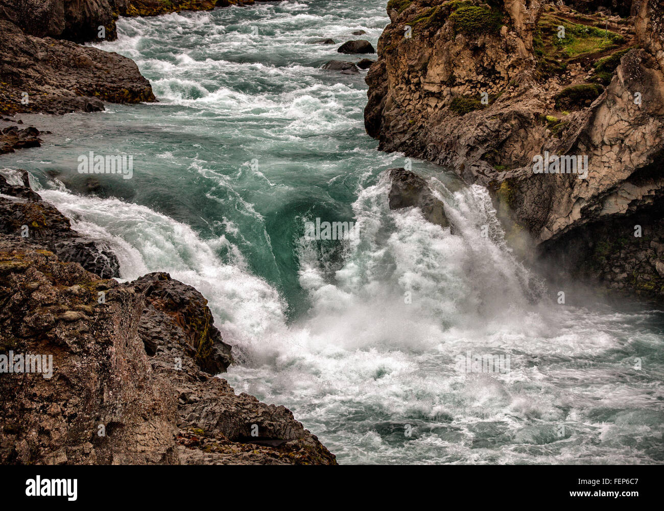 Aug. 1, 2015 - BÃ¡RÃ°Ardalur District, North-Central Iceland, Iceland - Geitafoss is a smaller, but no-less-powerful, waterfall on the SkjÃ¡lfandafljÃ³t river, just downstream from the spectacular, popular, famed GoÃ°afoss falls. Below the Godafoss falls, the river flows through a narrow cataract 50-75 ft (15-23 m) wide with violent wave action and much froth and spume. Tourism has become a growing sector of the economy and Iceland has become a favorite tourist destination. © Arnold Drapkin/ZUMA Wire/Alamy Live News Stock Photo