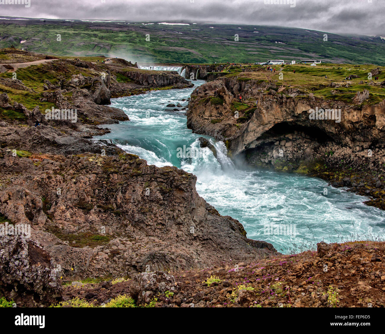 Aug. 1, 2015 - BÃ¡RÃ°Ardalur District, North-Central Iceland, Iceland - Geitafoss is a smaller, but no-less-powerful, waterfall on the SkjÃ¡lfandafljÃ³t river, just downstream from the spectacular, popular, famed GoÃ°afoss falls in the distance. Below the Godafoss falls, the river flows through a narrow cataract 50-75 ft (15-23 m) wide with violent wave action and much froth and spume. Tourism has become a growing sector of the economy and Iceland has become a favorite tourist destination. © Arnold Drapkin/ZUMA Wire/Alamy Live News Stock Photo