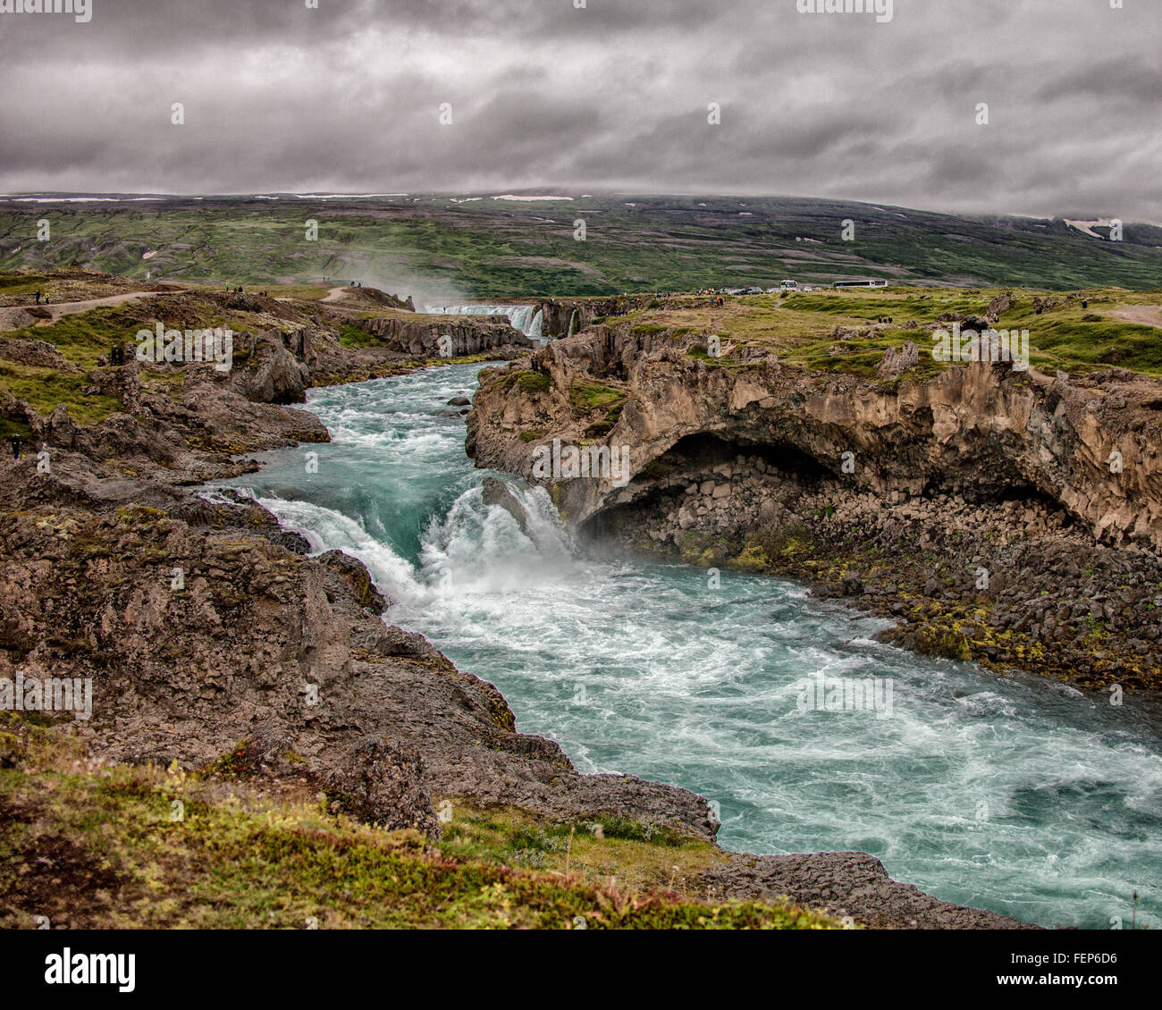 Aug. 1, 2015 - BÃ¡RÃ°Ardalur District, North-Central Iceland, Iceland - Geitafoss is a smaller, but no-less-powerful, waterfall on the SkjÃ¡lfandafljÃ³t river, just downstream from the spectacular, popular, famed GoÃ°afoss falls in the distance. Below the Godafoss falls, the river flows through a narrow cataract 50-75 ft (15-23 m) wide with violent wave action and much froth and spume. Tourism has become a growing sector of the economy and Iceland has become a favorite tourist destination. © Arnold Drapkin/ZUMA Wire/Alamy Live News Stock Photo