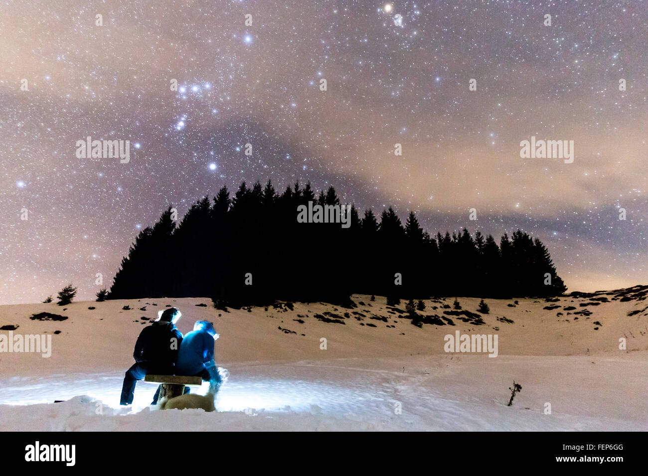 The Milky Way over the winter mountain landscape with pine trees. Two people sitting in the foreground watching the falling star Stock Photo