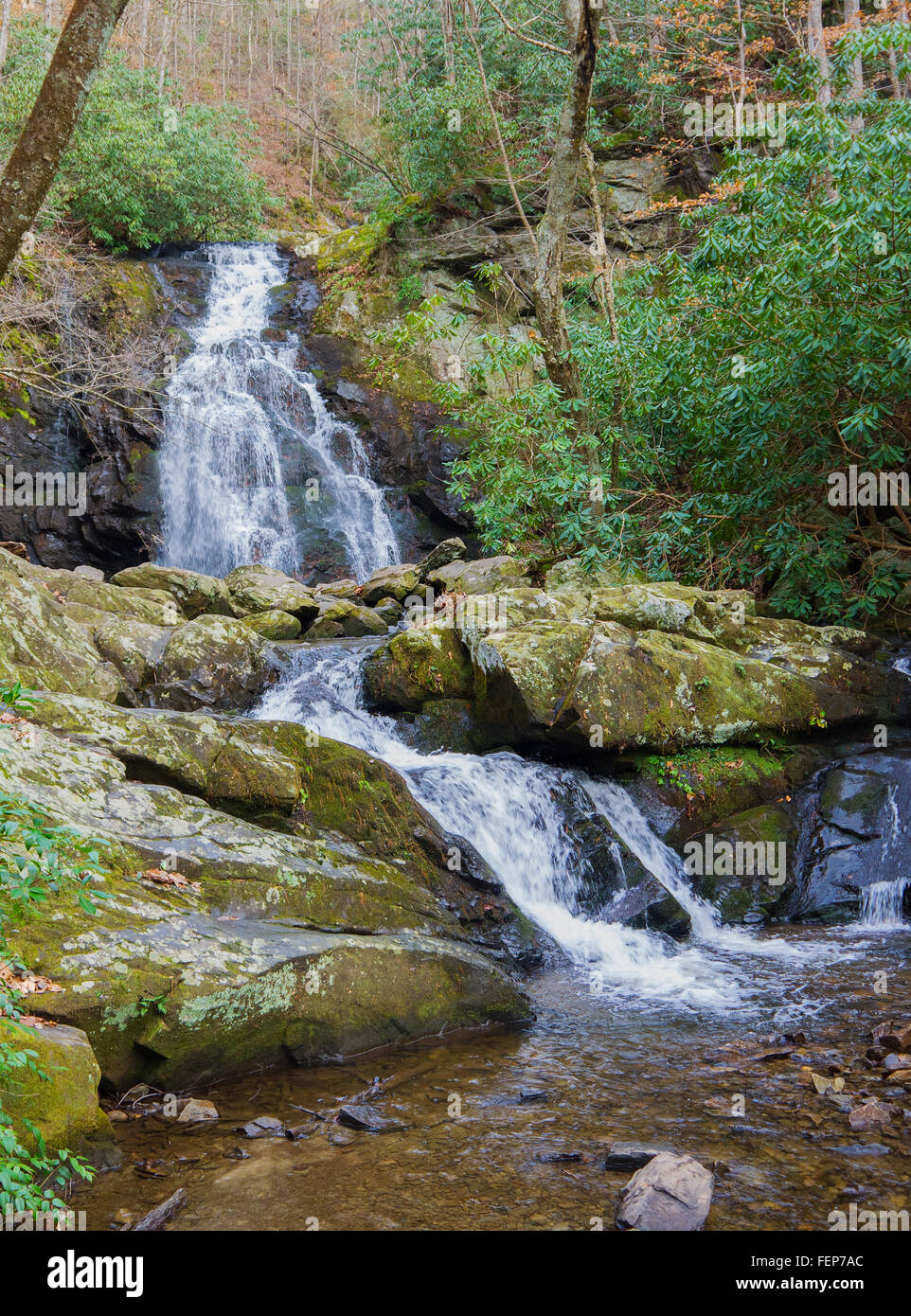 Spruce Flat Falls in the Great Smoky Mountains National Park in winter Stock Photo