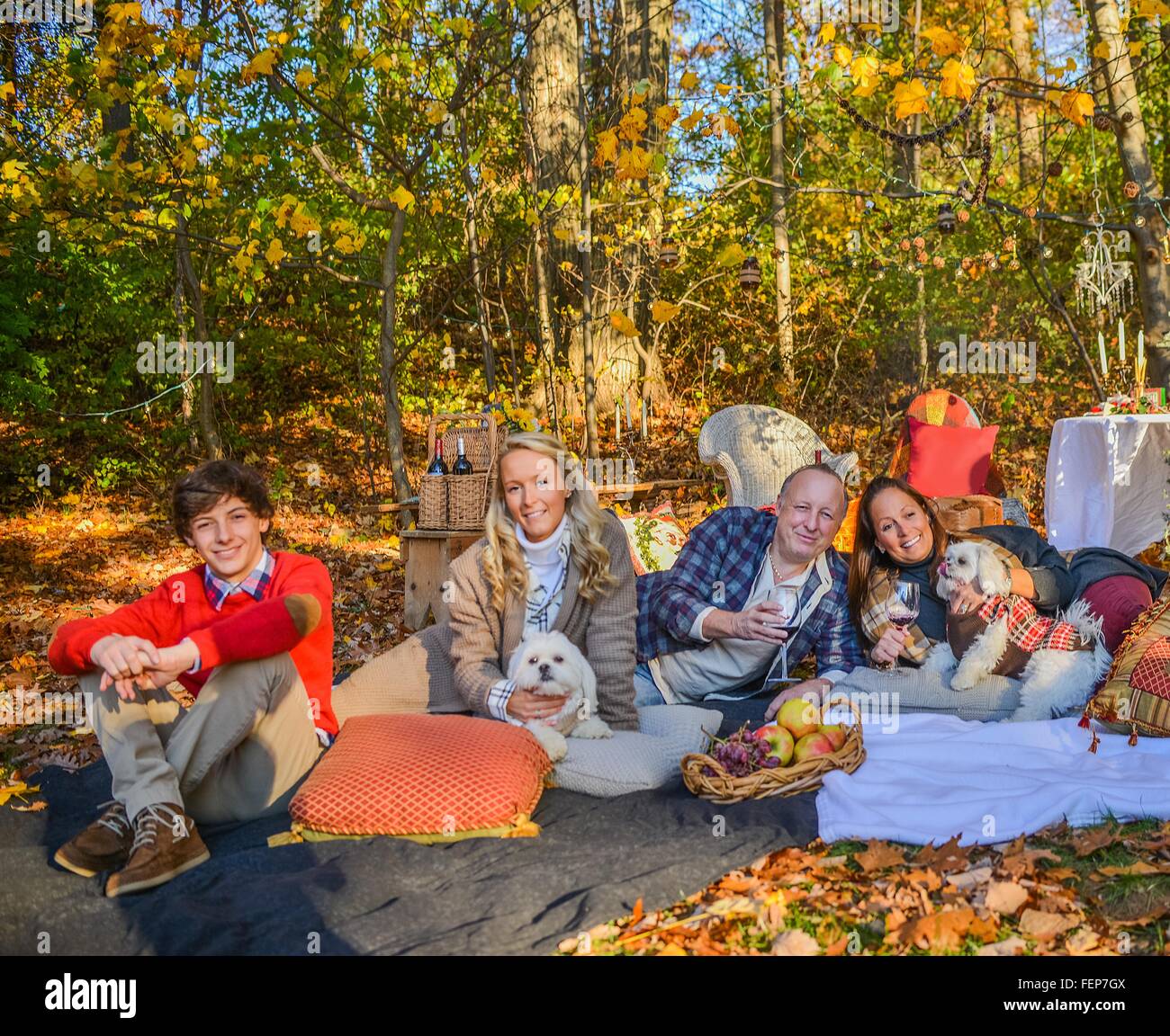 Portrait of mature couple with dogs, teenage and adult children relaxing on picnic blanket in woods Stock Photo