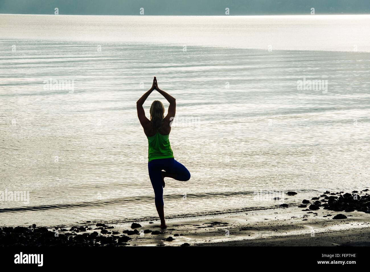 Silhouetted rear view of young woman practicing yoga standing tree pose ...