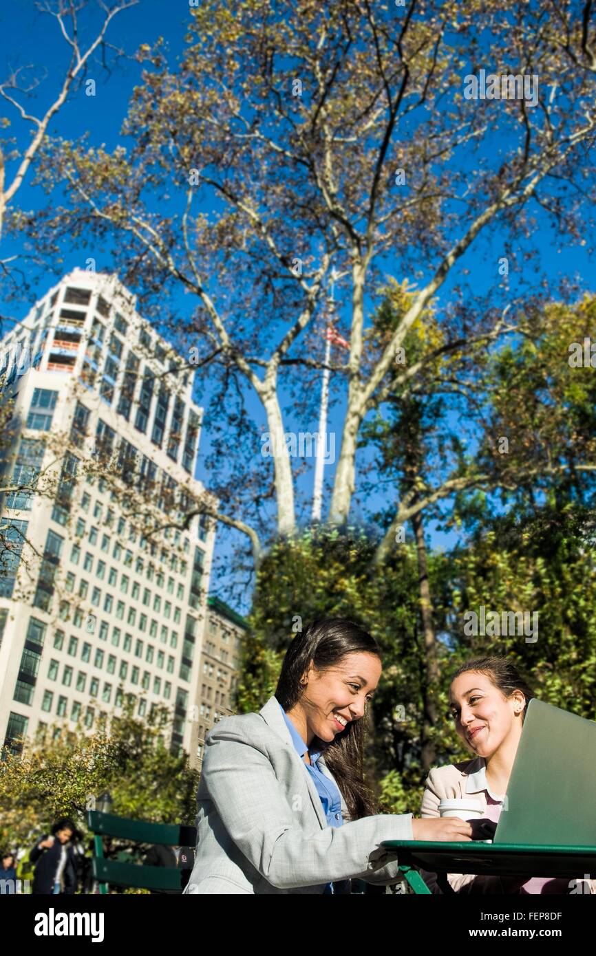 Young adult female twins using laptop in city park Stock Photo