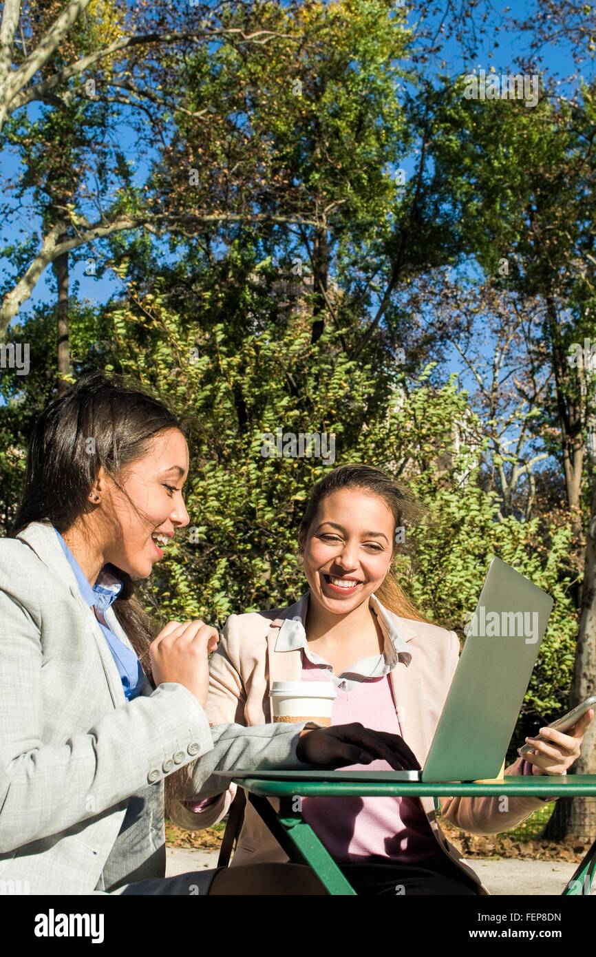 Young adult female twins typing on laptop in city park Stock Photo