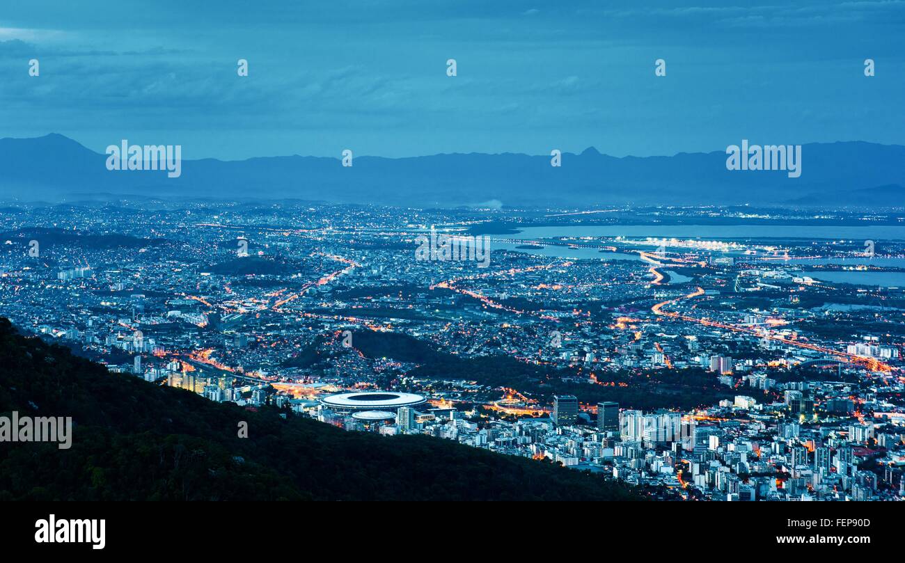 High angle view North Zone, including Maracana stadium illuminated at night, Rio de Janeiro, Brazil Stock Photo