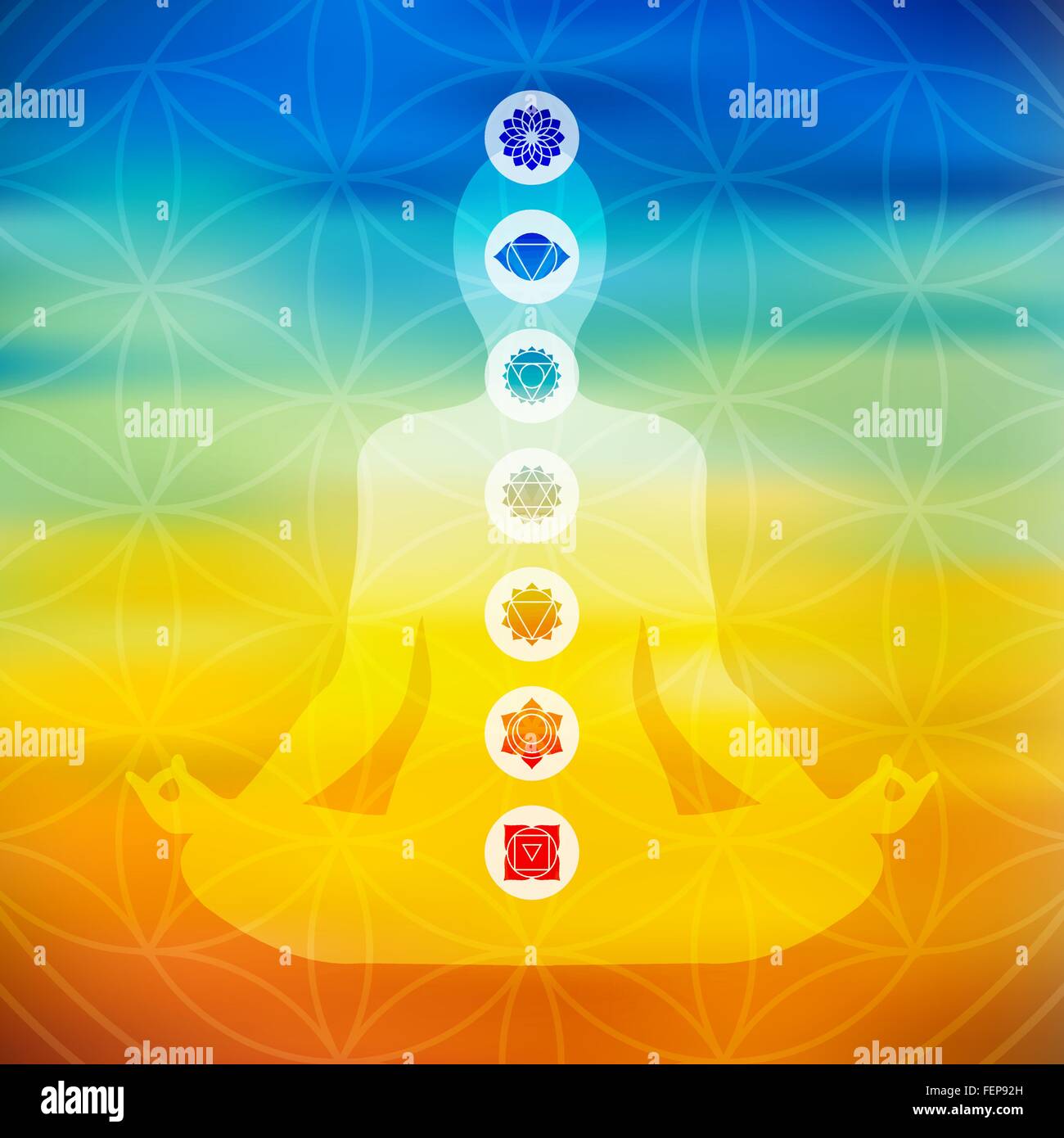 Body silhouette doing yoga lotus pose with chakra icons on flower of life sacred geometry, colorful blurred background. EPS10 Stock Vector