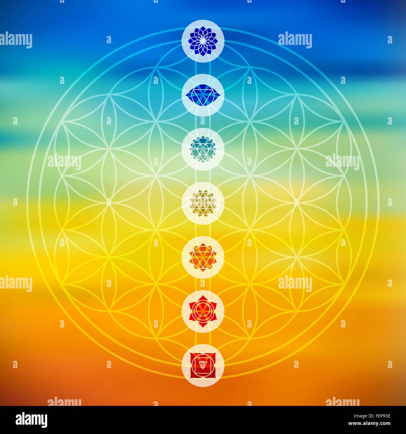 Sacred geometry Flower of Life design with seven main chakra icons over colorful blurred gradient background. EPS10 vector. Stock Vector