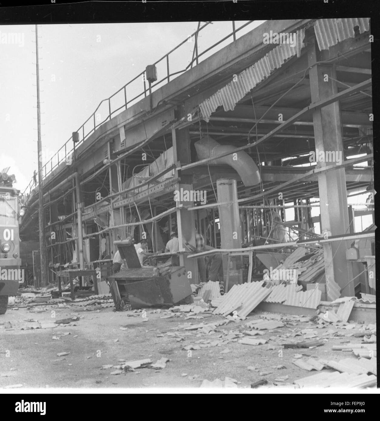 A photograph documenting the damage to the Atlas 9C rocket, part of the AtlasABLE series, at Pad 12. This image reflects an important moment in the history of rocket technology and space exploration. Stock Photo