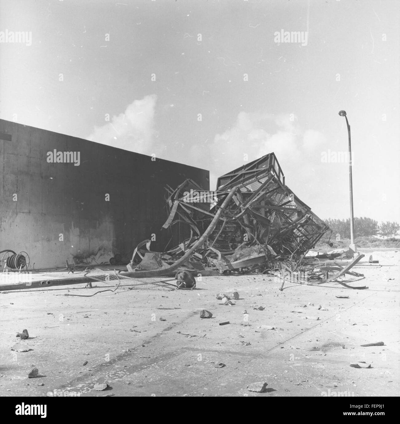 This image shows the damage sustained by AtlasABLE 9C on Pad 12, offering a detailed view of the spacecraft and the technical aspects of its condition following the incident. Stock Photo