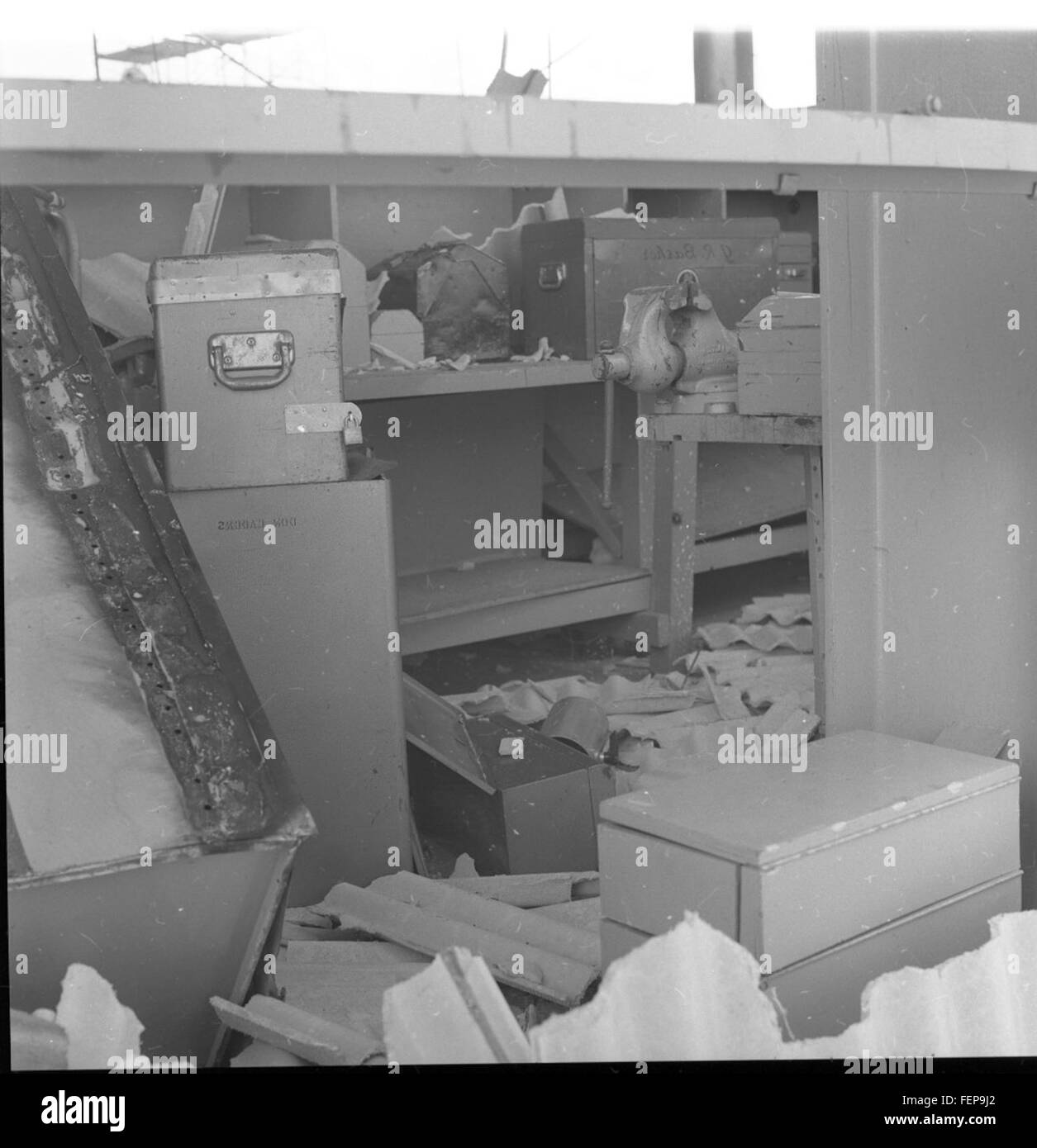 The Atlas 9C rocket, shown here with detailed damage following a test at Pad 12, represents key moments in the history of space exploration and the development of spacecraft technology during the space race era. Stock Photo
