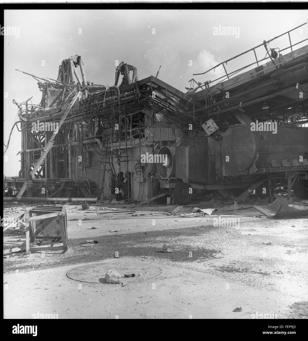This image documents the damage sustained by the Atlas 9C during its launch at Pad 12. The event marks an important moment in the history of space exploration and rocket development. Stock Photo