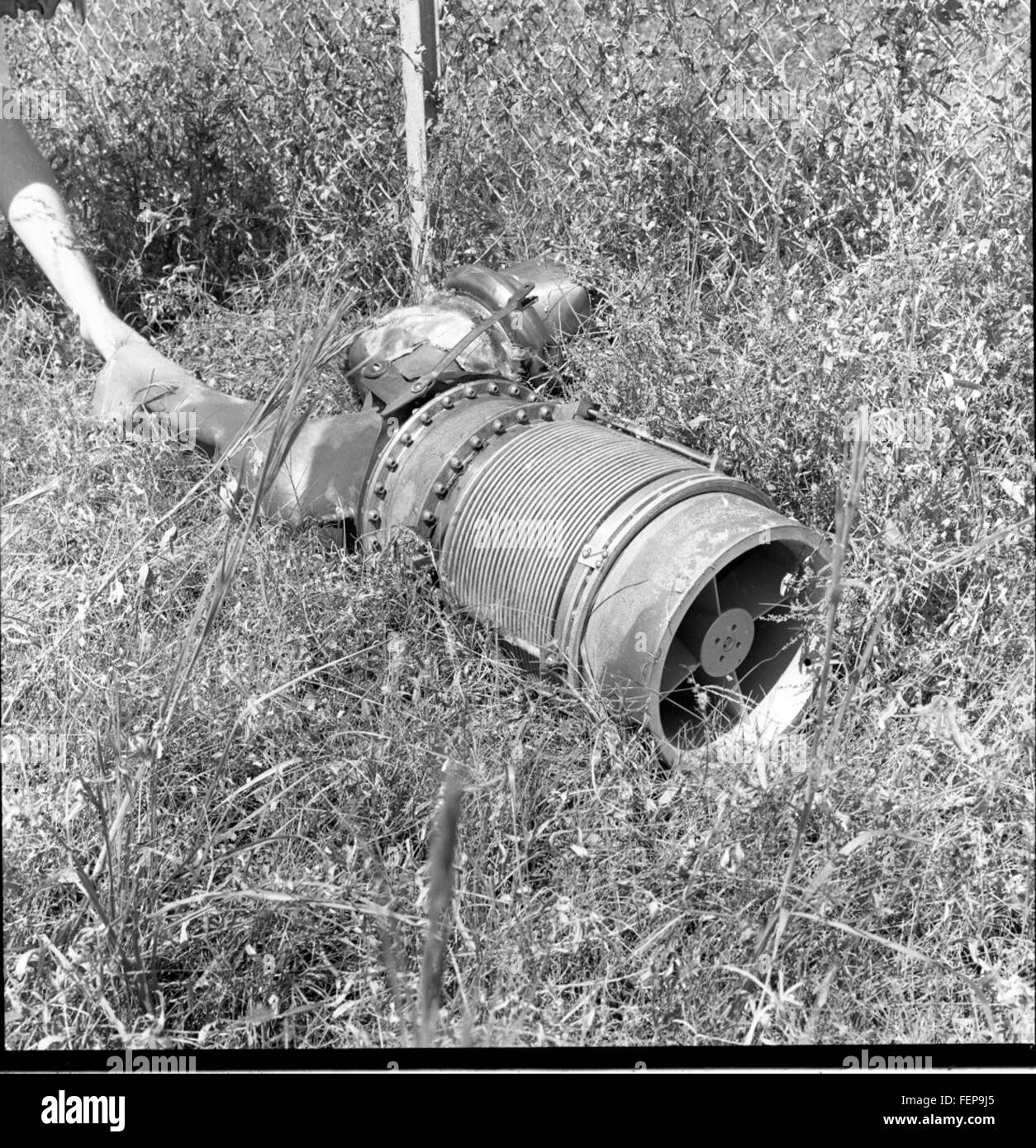 This image details damage to the Atlas ABLE 9C, captured during preparations at Pad 12. The damage is part of the historical record documenting the testing and development phases of space launch vehicles. Stock Photo