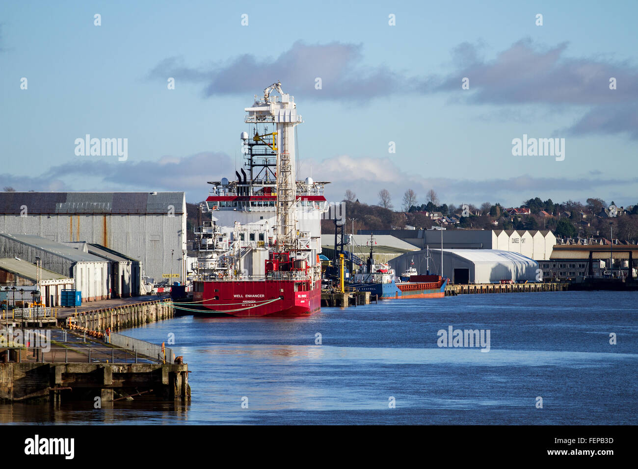 Aberdeen based Diving Support Vessel The MSV Well Enhancer is berthed at Prince Charles Wharf docks in Dundee, UK Stock Photo