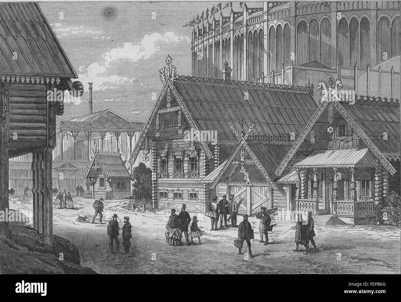 FRANCE Paris International Exhibition Russian cottages in the Park 1867. Illustrated London News Stock Photo