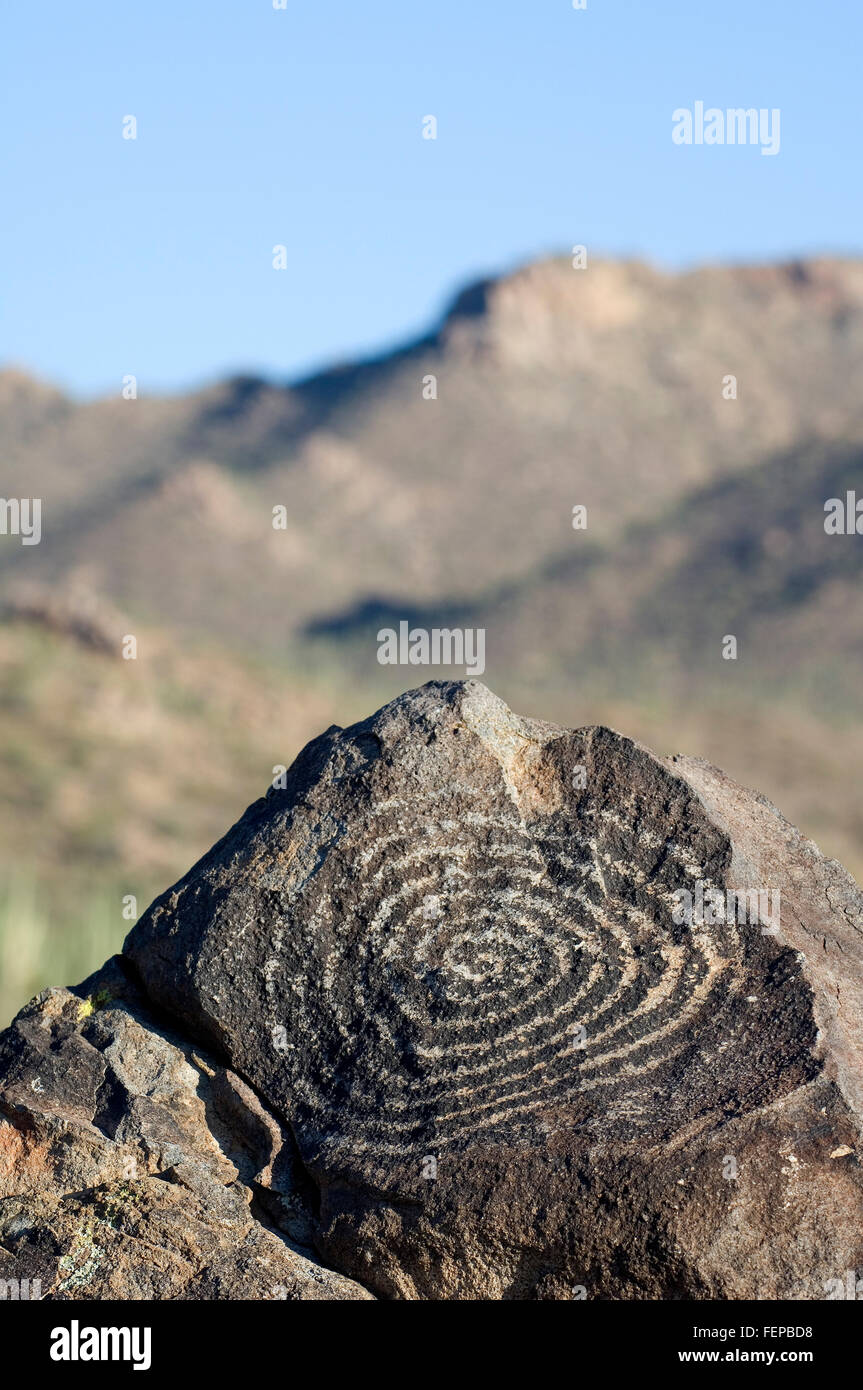Rock art at Signal Hill, created by Hohokam Indians, showing spiral petroglyph, Saguaro National Park, Arizona, US Stock Photo