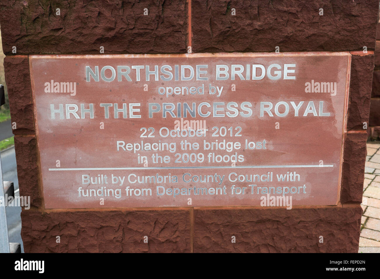 The Northside Bridge Plaque, Workington town, Allerdale, Cumbria county, England, UK Stock Photo