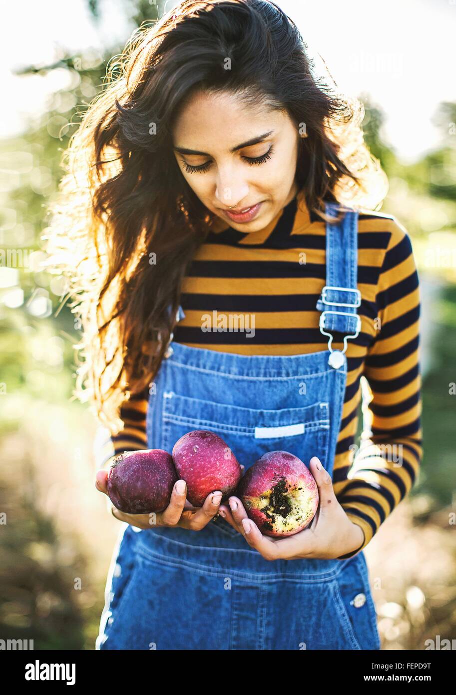Young woman, in rural environment, holding apples Stock Photo