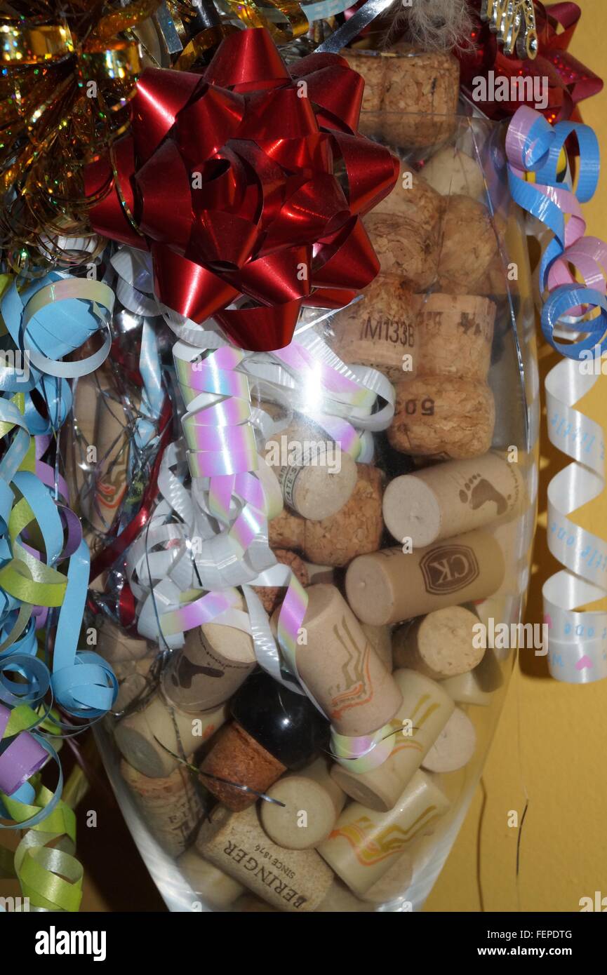 There were bottle corks in a container as part of my cousin's  Thanksgiving decorations. Stock Photo