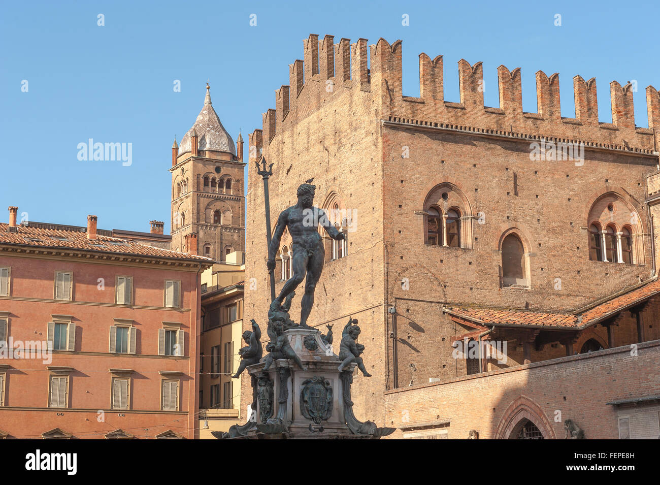 Bologna fountain, view of the statue of Neptune and Palazzo Re Enzo sited in the Piazza del Nettuno in the centre of the old town area of Bologna. Stock Photo