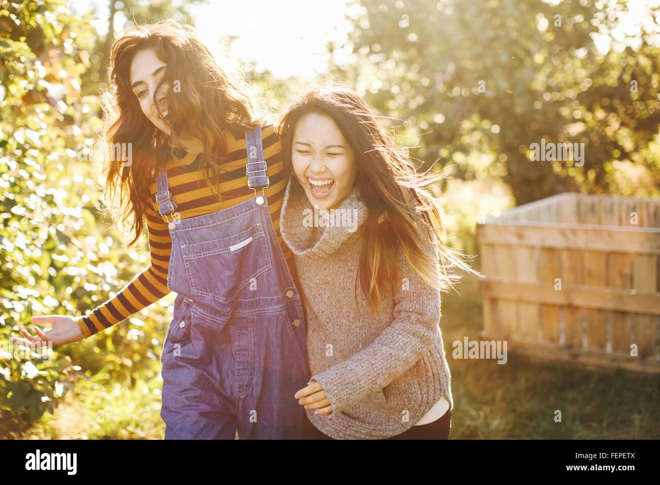 Two young women, in rural environment, laughing Stock Photo