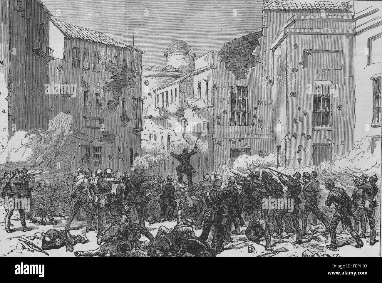 SEVILLE Civil war in Spain Attack of Civil Guard on the Puerta de Uíge 1873. Illustrated London News Stock Photo