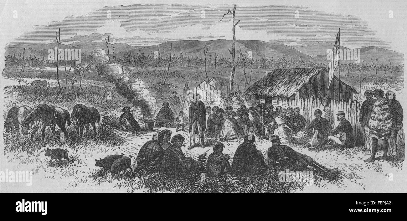 NEW ZEALAND LAND WARS Chief William Thompson negotiating with Carey 1865. Illustrated London