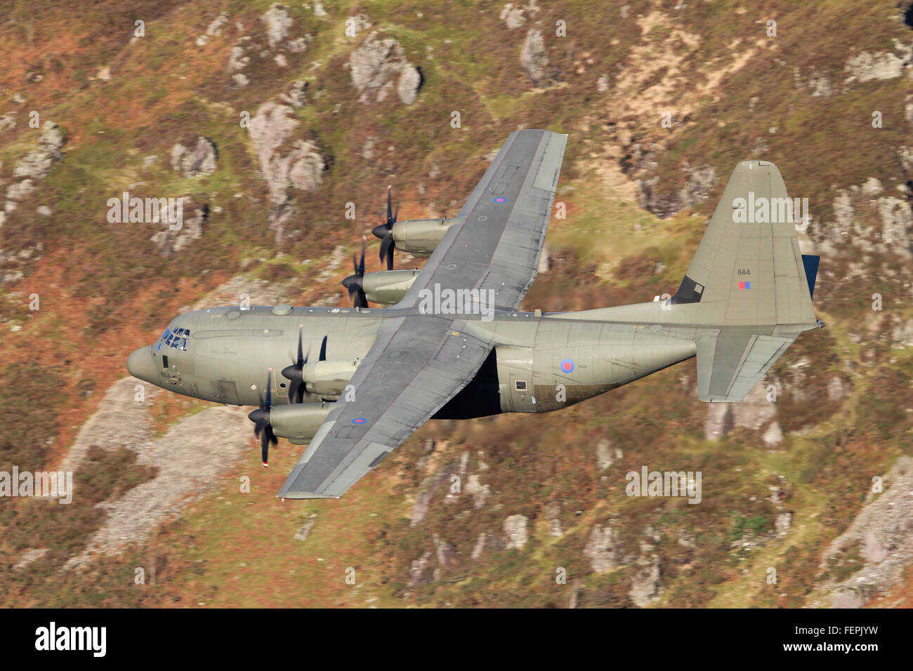 RAF C-130 Hercules aircraft flying low-level in Wales, UK. Stock Photo