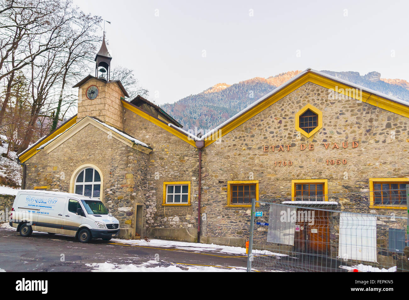 BEX, SWITZERLAND - JANUARY 1, 2015: Salines de Bex in Switzerland in winter. The Salt Mining Complex is listed as a Swiss heritage site of national significance. Stock Photo