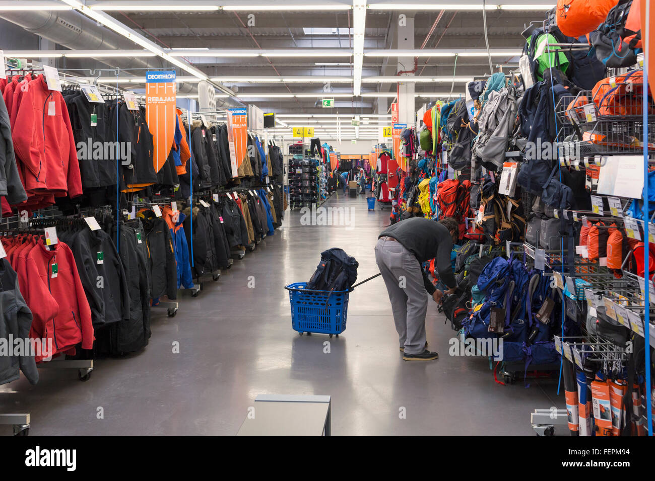 Malaga, Costa del Sol, Malaga Province, Andalusia, southern Spain. Decathlon  sports and sports clothing store interior Stock Photo - Alamy
