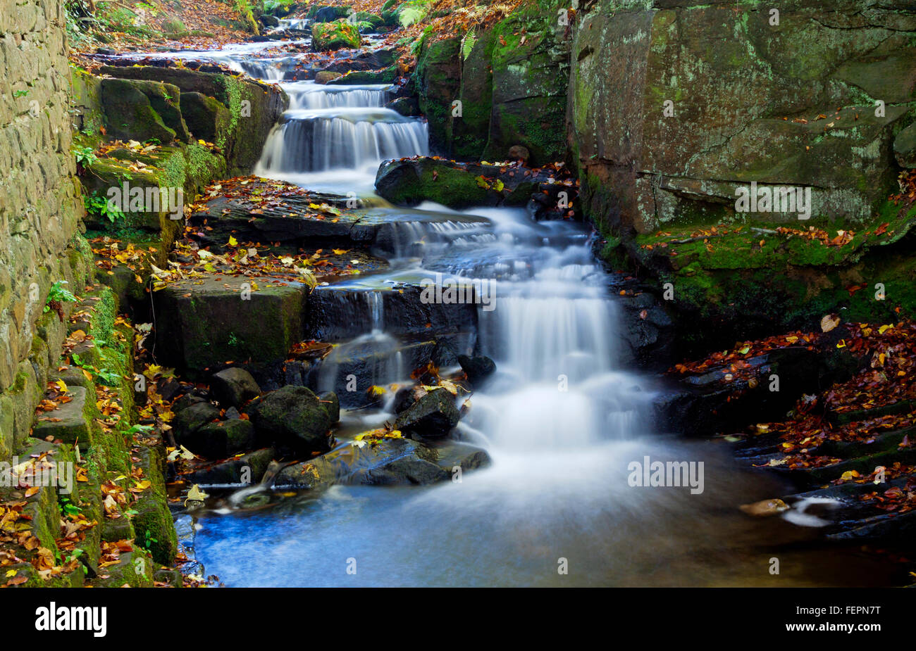 Waterfall at Lumsdale near Matlock in Derbyshire Peak District Stock