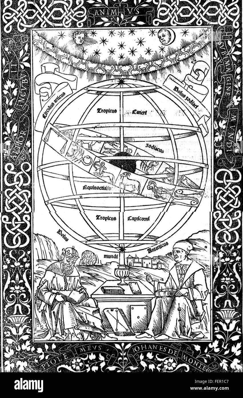 REGIOMONTANUS - Johannes Muller von Konigsberg (1436-1476)  Page from his 1496 book 'Epytoma in almagesti  Ptolemei ' showing himself at right disputing with Ptolemy below a huge armillary sphere Stock Photo