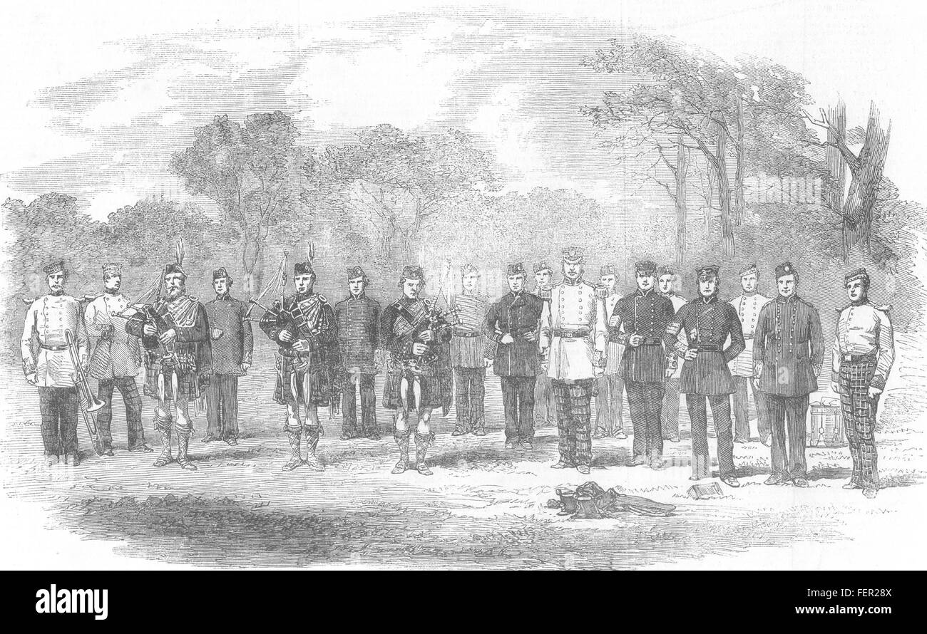 SCOTLAND Pipers etc, of the Royal Renfrewshire Militia 1856. Illustrated London News Stock Photo